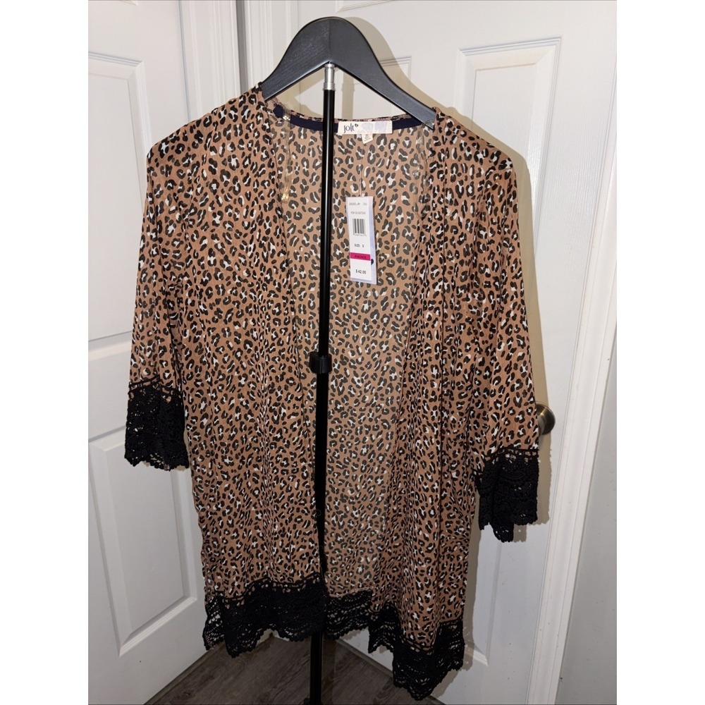 Jolt Leopard‎ Print Kimono Sm Sheer Open Front Lace Trim Boho Festival Lagenlook